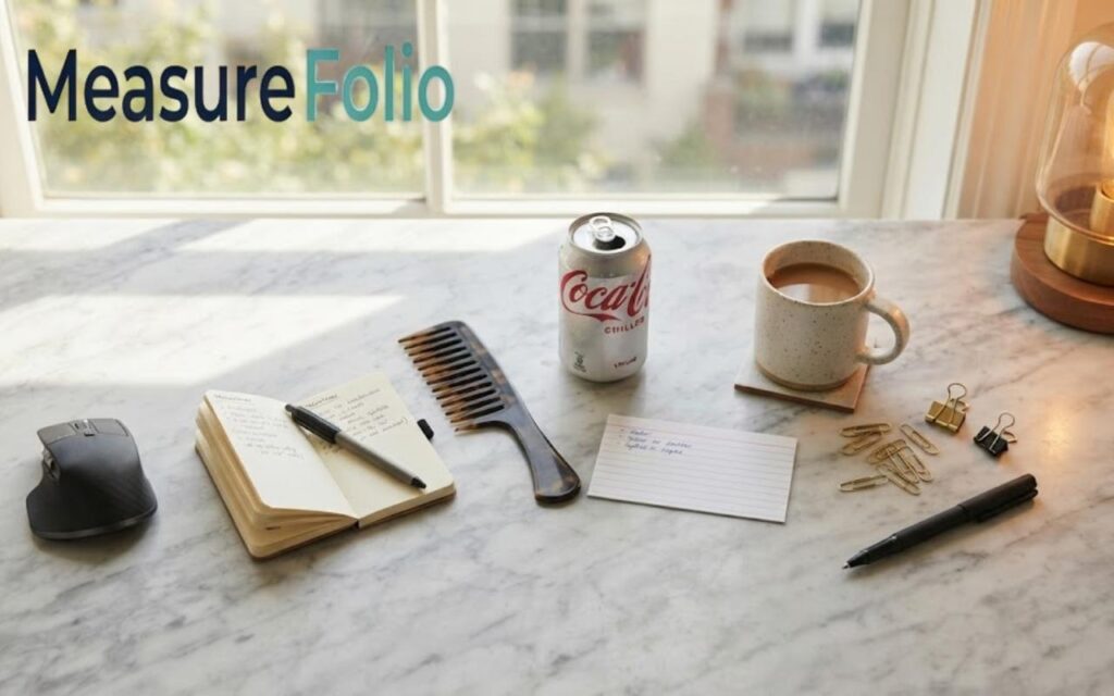 An overhead shot of a marble desk near a window holds a 5 inch mouse, open notebook, comb, soda can, coffee mug, index card, and pens.