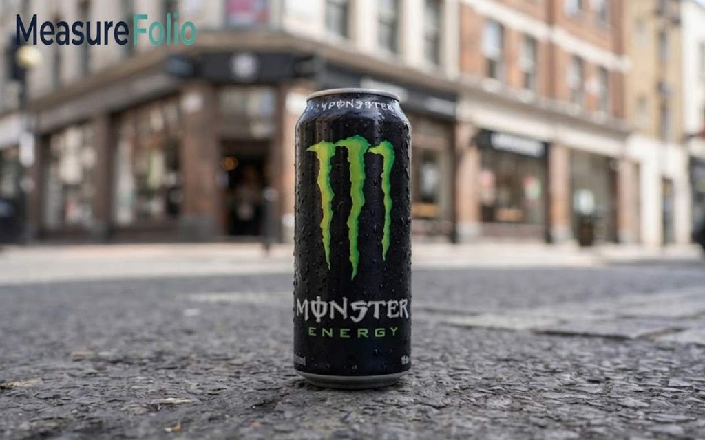 A close-up, eye-level shot of a single black can of Monster Energy.
The can, covered in condensation, stands on an asphalt street in front of a blurred city building.