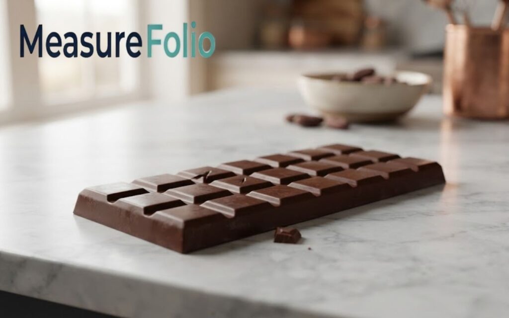 A segmented chocolate bar rests on a white marble countertop in a kitchen.
In the blurred background are windows and a copper utensil holder.