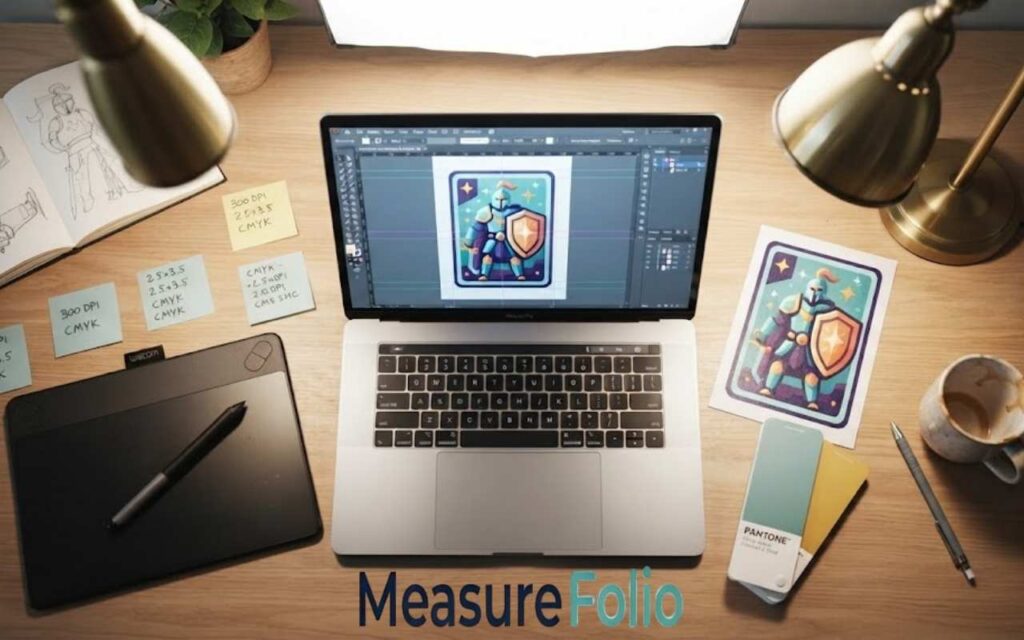 View of a workspace featuring a MacBook running design software with a knight character on screen, a Wacom tablet, sketchpad, coffee mug, and a printed illustration
