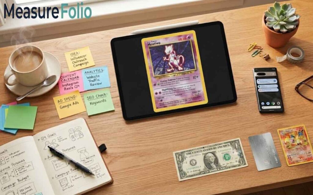 A wooden desk with a tablet displaying a Mewtwo pokemon card, a notebook with handwritten goals, sticky notes, a coffee mug, a smartphone, a one-dollar bill, a credit card, and a Charizard card.