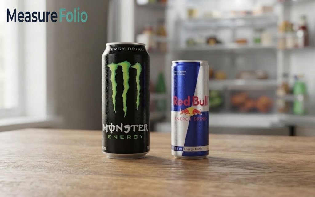 A photorealistic shot shows a Monster Energy can and a Red Bull can.
They stand on a wooden table with a blurred kitchen.