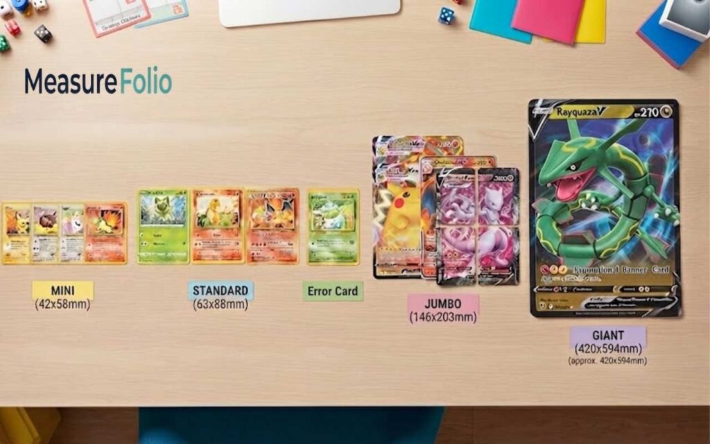 A flat-lay view on a wooden desk showing a lineup of Pokémon cards in various sizes, ranging from mini and standard to jumbo and giant, with size labels displayed underneath.