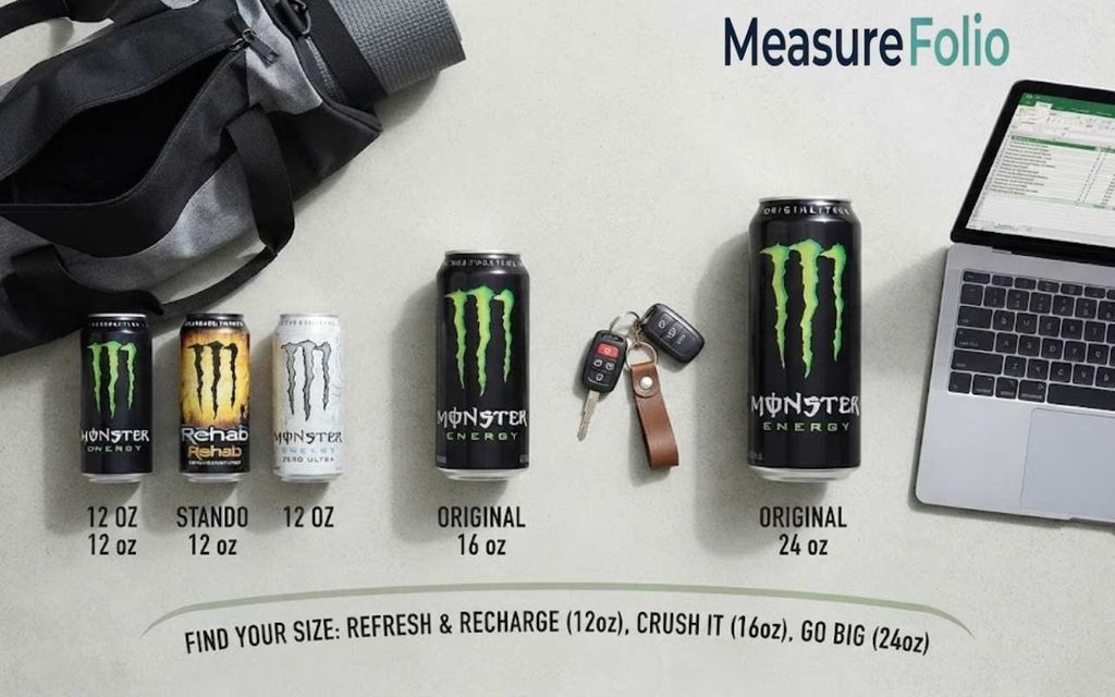 An overhead flat lay shows Monster Energy cans of varying sizes—
12 oz, 16 oz, and 24 oz—flanked by a gym bag and a laptop.