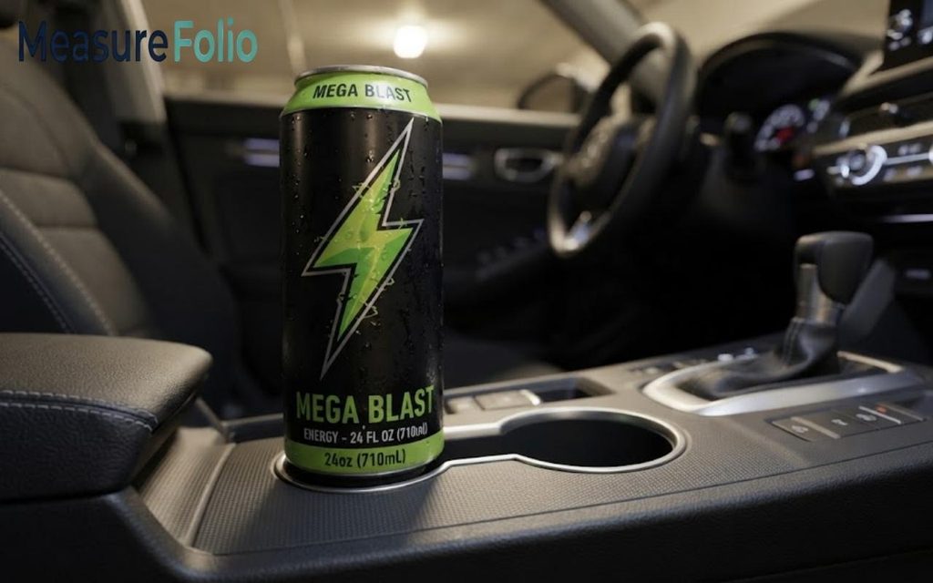 A close-up shot of a "Mega Blast" energy drink can.
It is placed in the center console cup holder of a car.