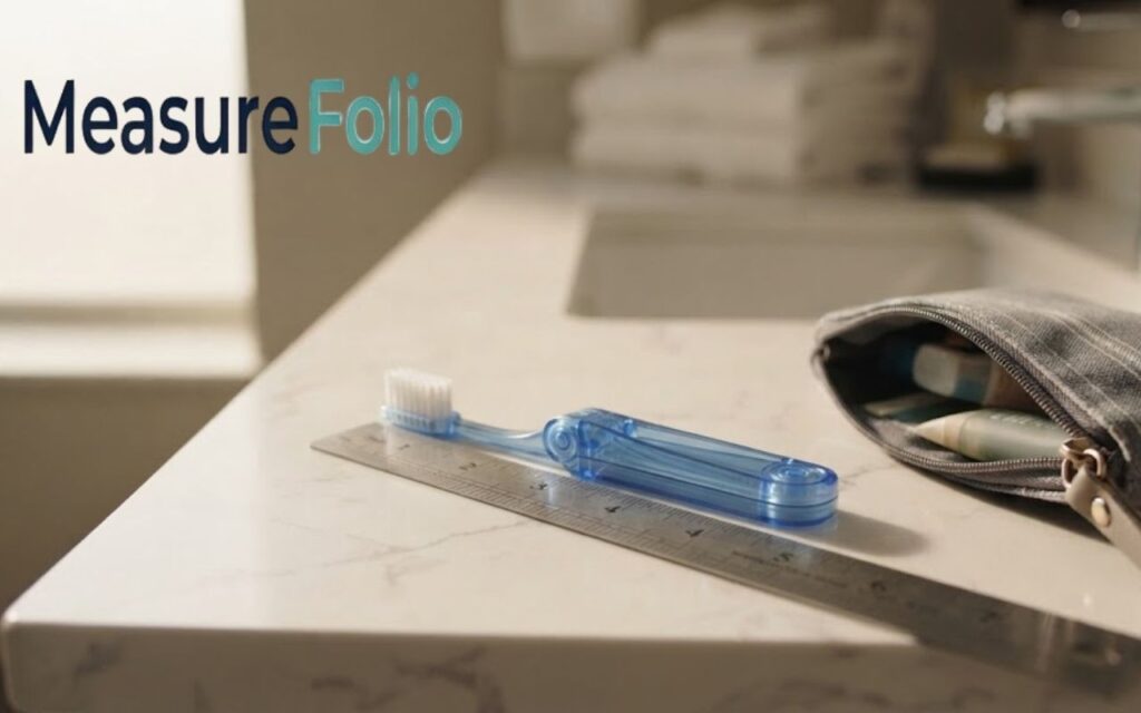 A blue travel toothbrush and metal ruler rest on a bathroom counter next to a small toiletry pouch, with a blurred sink and towels in the background.
