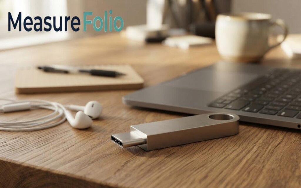 A realistic metal USB flash drive resting on a wooden desk near an open laptop. Accompanied by coiled earphones, a notebook with a pen, and a coffee mug.