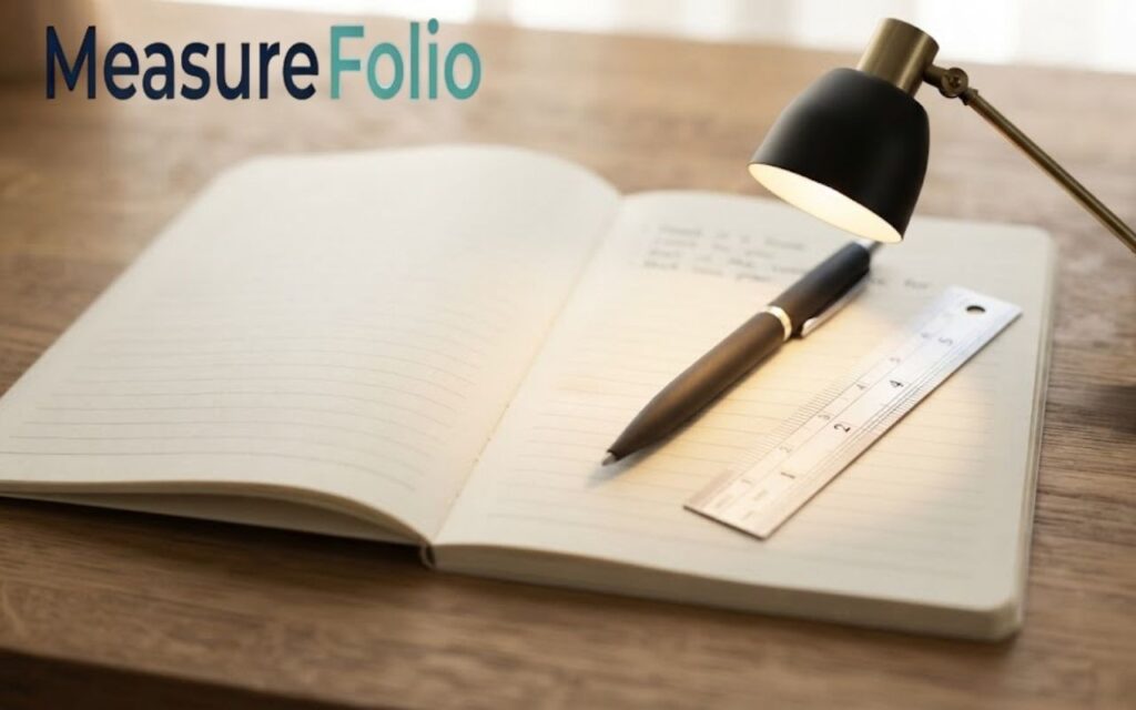 An open lined notebook with a 5 inches pen and a metal ruler rests on a wooden desk.
A small lamp with a warm light illuminates the items.