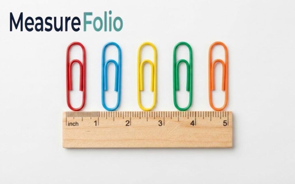 Five colorful paper clips (red, blue, yellow, green, orange) are lined up horizontally above a five-inch wooden ruler on a white background