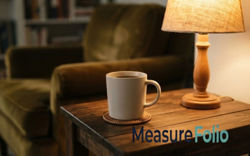 A warm, off-white ceramic mug filled with a steaming hot beverage sits on a woven coaster on a rustic wooden side table