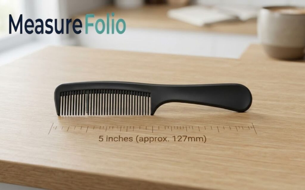 A black travel-size comb rests horizontally on a wooden surface.
A subtle ruler graphic beneath indicates a length of 5 inches (approx. 127 mm).