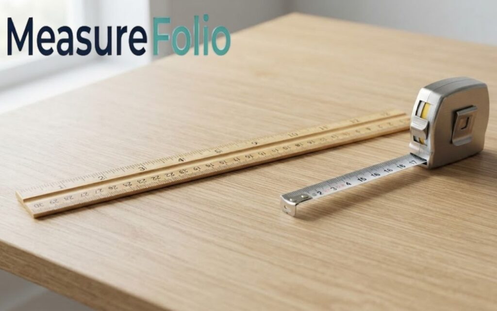A wooden ruler and a metal tape measure rest on a light wood desk, with the ruler indicating an approximately 5-inch length.