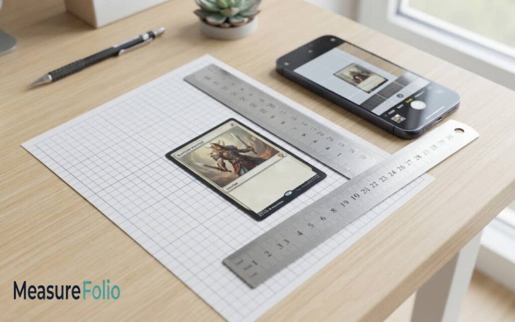 A trading card placed on a sheet of graph paper with a ruler and smartphone nearby, bright natural desk lighting,
