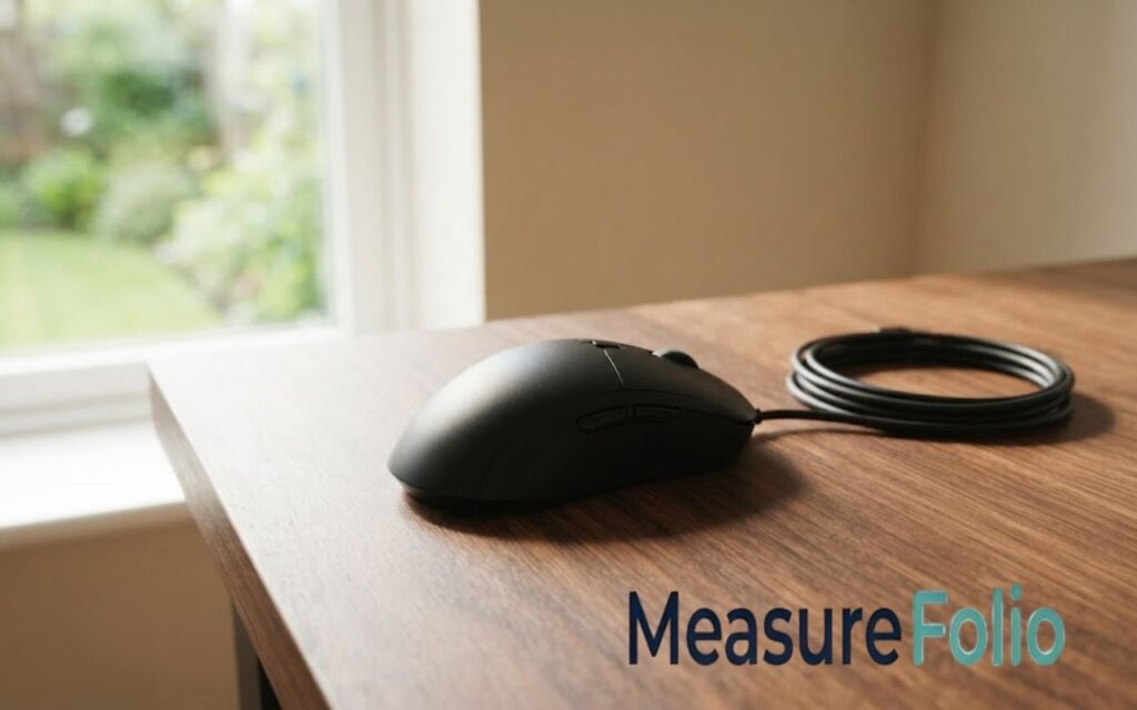 A black wired 5 inches computer mouse rests on a brown wooden desk near a window.