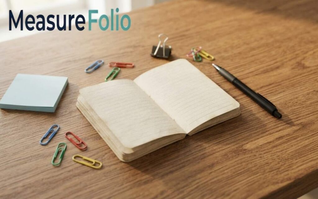 An open pocket notebook lies on a wooden table under bright natural daylight, surrounded by office essentials.