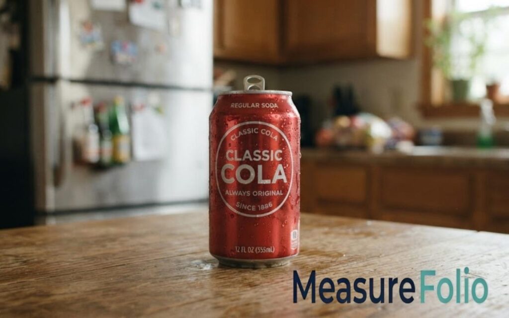 A red Classic Cola soda can covered in condensation stands on a wooden table.
The background shows a warm, softly blurred home kitchen.