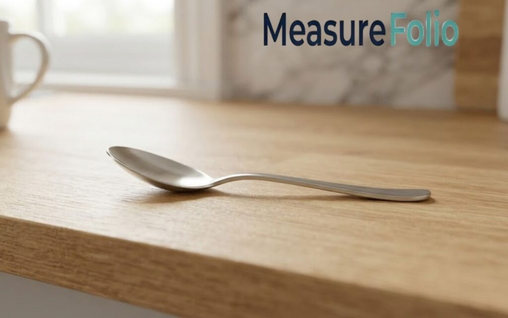 A stainless steel teaspoon lies horizontally on a light-grained wooden countertop.
In the background, out of focus, is a window and a white mug.