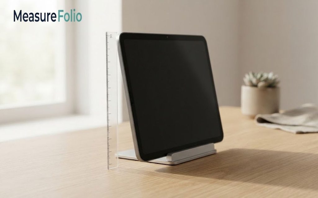 A clear plastic ruler stands upright next to a IPad on a stand.
The setup is placed on a wooden desk with a bright, soft-focused background.
