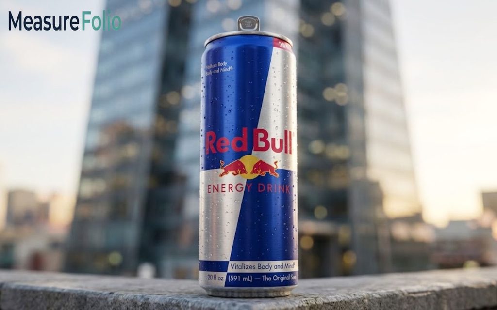 An energy can standing upright on a surface against a blurred urban background.