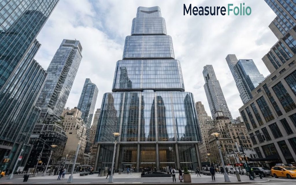 A striking skyscraper reaching 500 feet tall, framed by neighboring high-rise buildings in a bustling city.