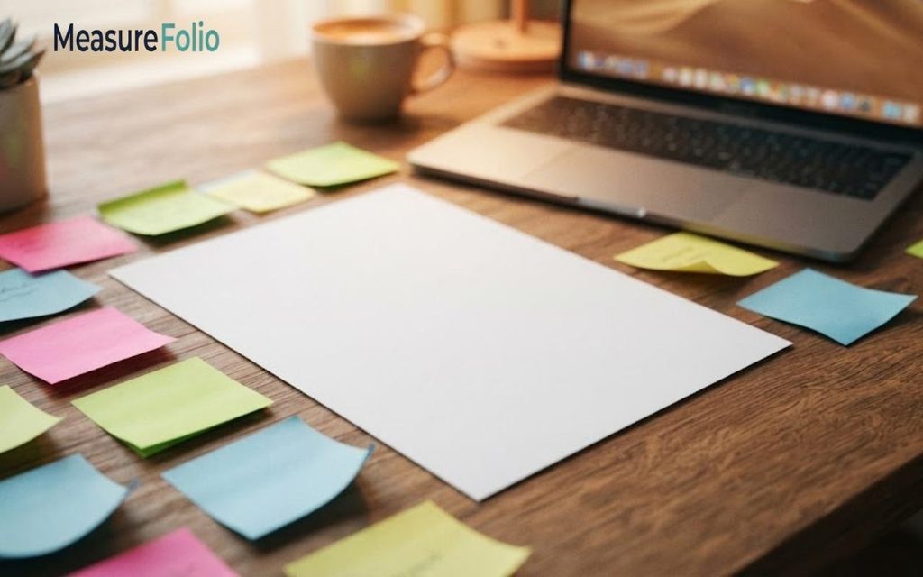 A blank white A4 sheet of paper lying flat on a wooden desk.
Surrounded by colorful sticky notes, a coffee mug, and a laptop in the background.