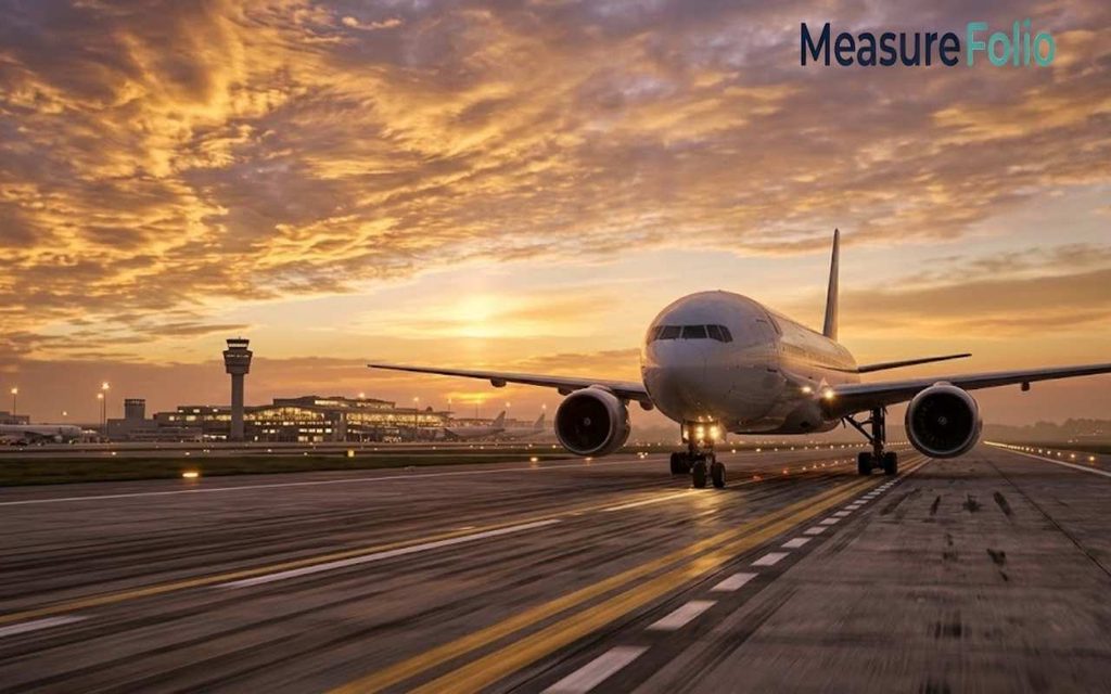 Commercial airplane taxiing on the runway during a dramatic sunset with glowing clouds.