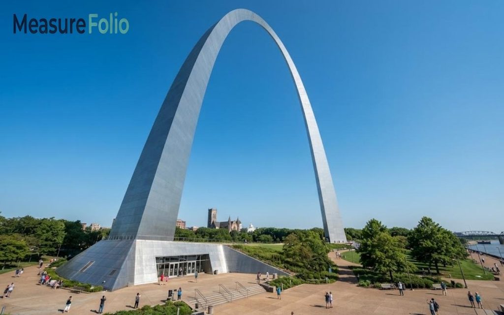 The Gateway Arch rises against a clear blue sky, with visitors walking on the plaza below.