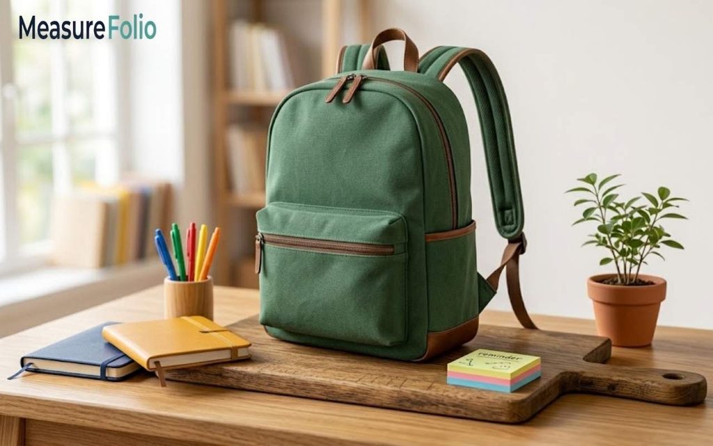A green canvas backpack with brown leather trim sits on a wooden desk next to notebooks, pens, and a potted plant.