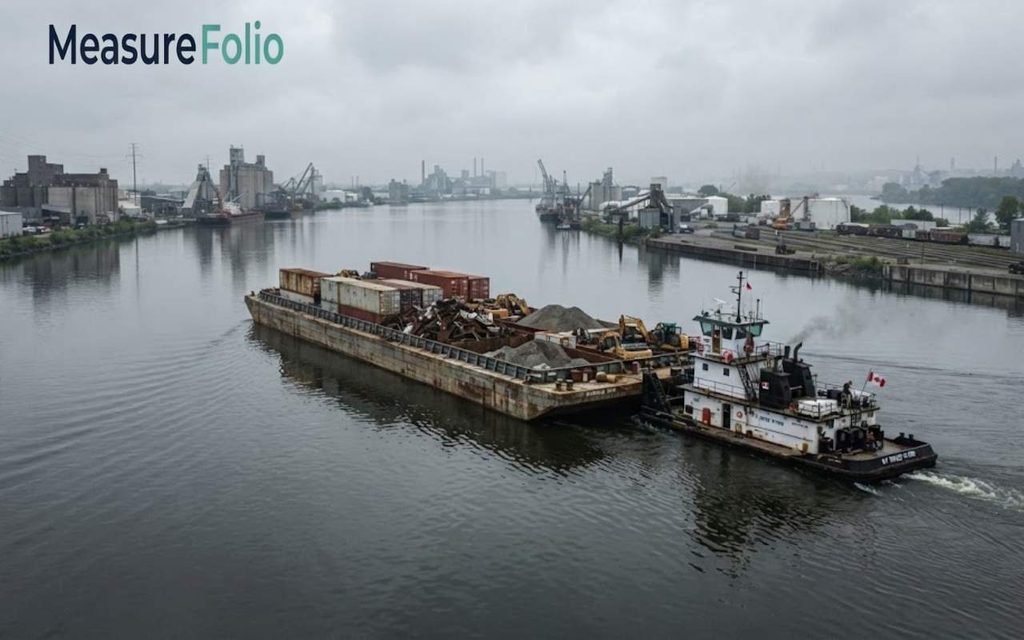 A tugboat pushes a cargo barge loaded with containers and scrap metal down an industrial river under a cloudy sky.
