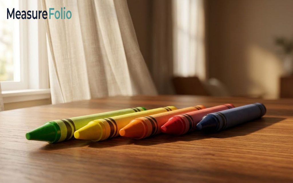 Five colorful crayons lined up on a wooden table near a sunlit window.