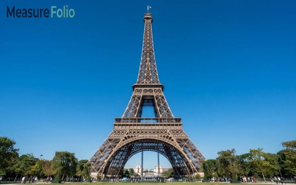 Full view of the iconic Eiffel Tower against a clear blue sky, surrounded by trees and visitors walking below.