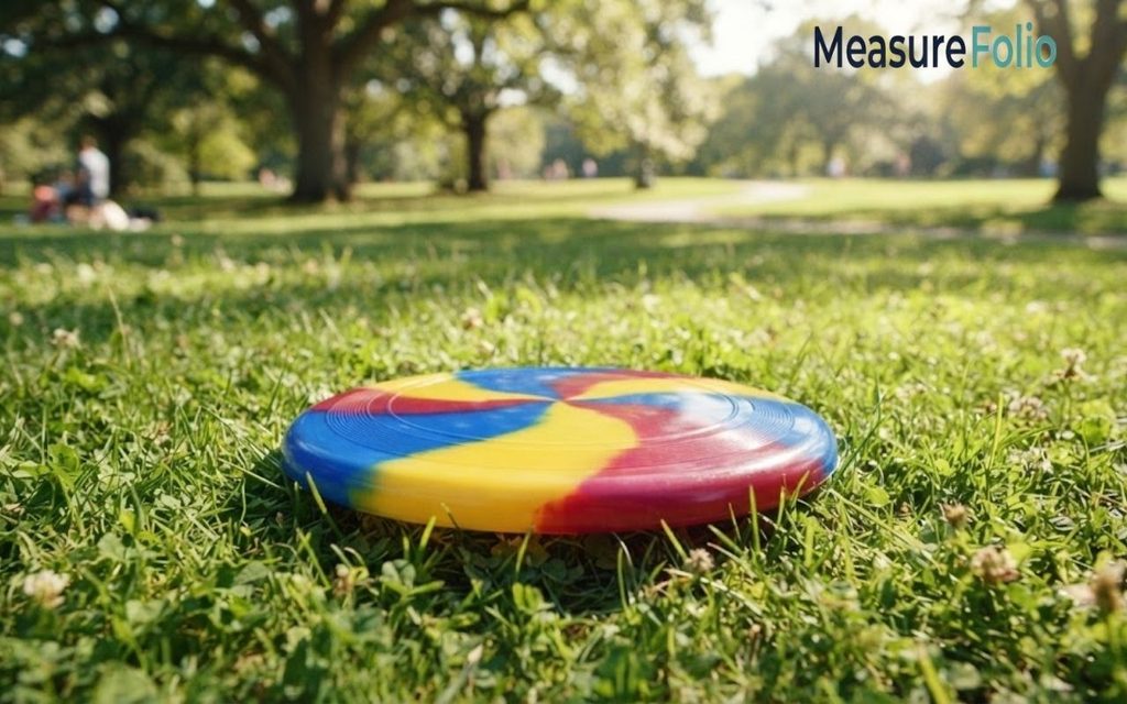 A colorful swirled 10 inches flying disc resting on a patch of green grass.
The background shows a sunlit park with trees and a walking path.