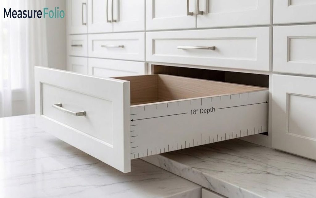 An open white cabinet drawer with ruler markings showing an 18-inch depth.