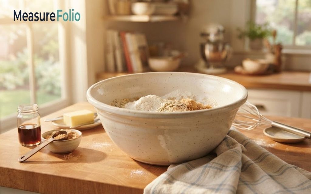 A large ceramic mixing bowl filled with baking ingredients sits on a wooden countertop.
The background shows a sunlit kitchen with a window, butter, and baking tools