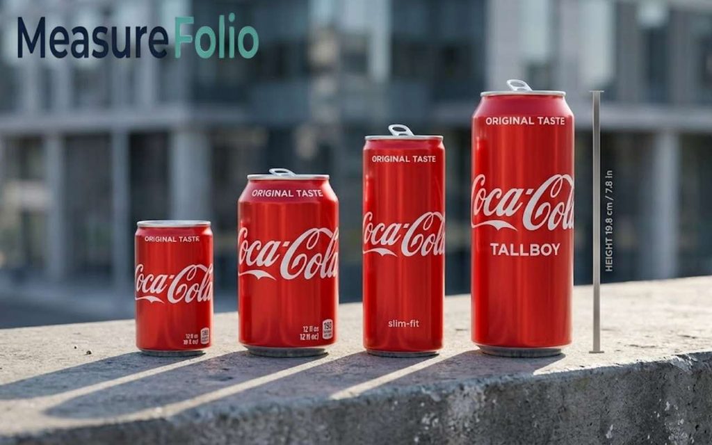 Four different sizes of Coca-Cola cans lined up on a concrete ledge with a height scale on the right.