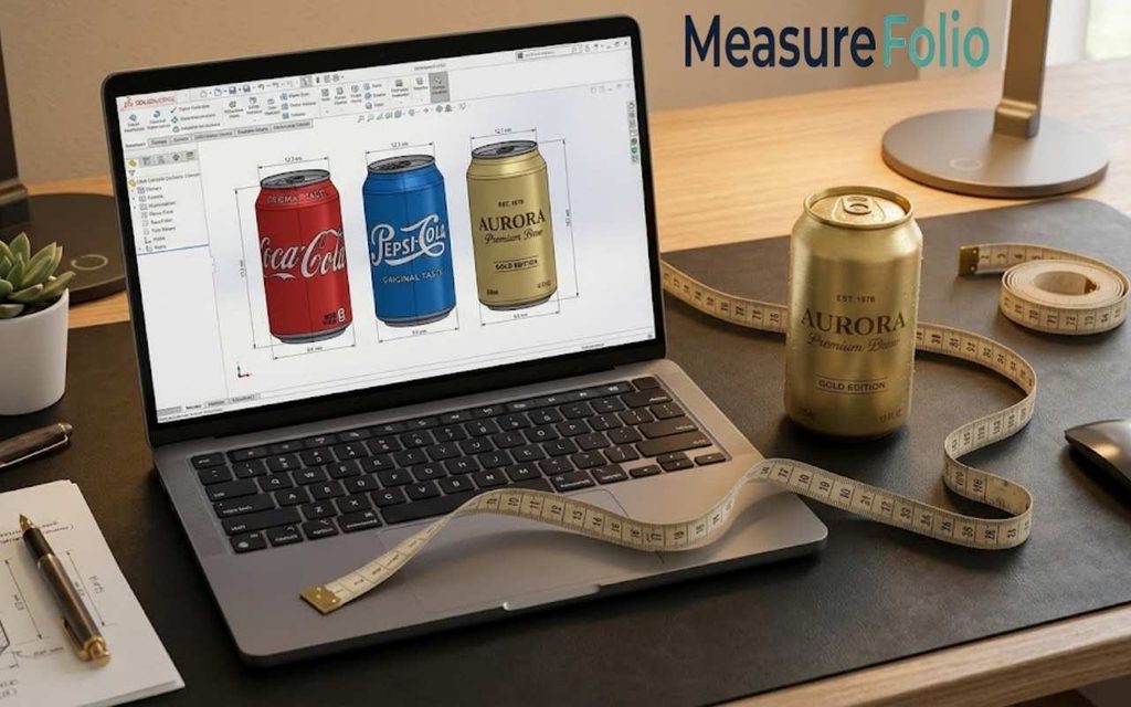 A laptop displaying CAD designs of different drink cans next to a gold can and a tape measure.