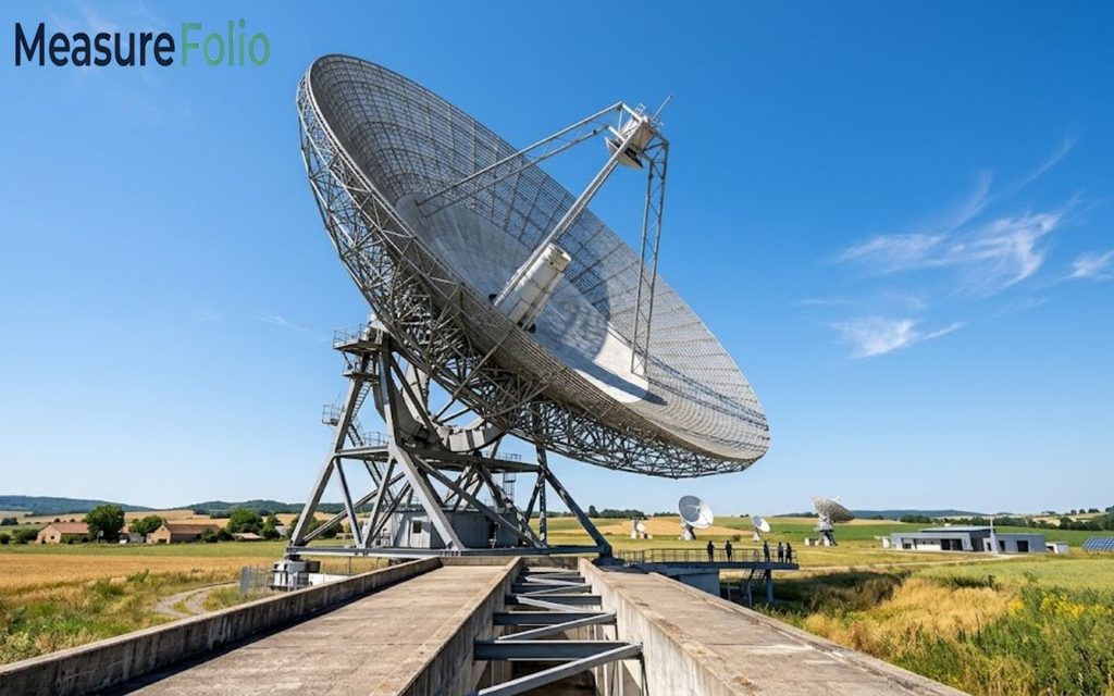 A large satellite dish telescope angled toward the sky, set in an open rural landscape under a clear blue sky.