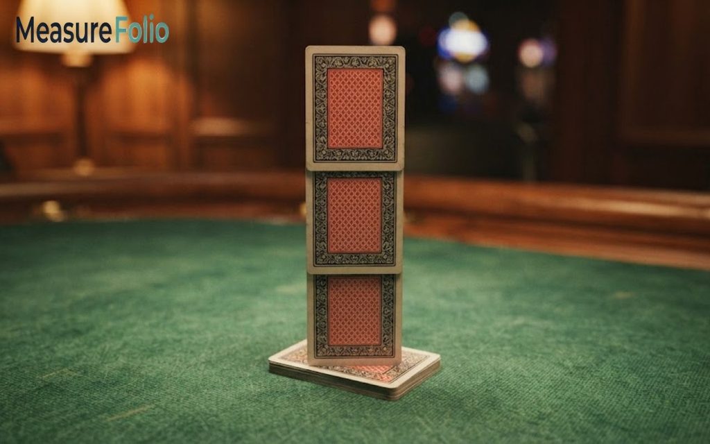 A vertical stack of playing cards resting upright on a green felt casino table featuring 10 inches.