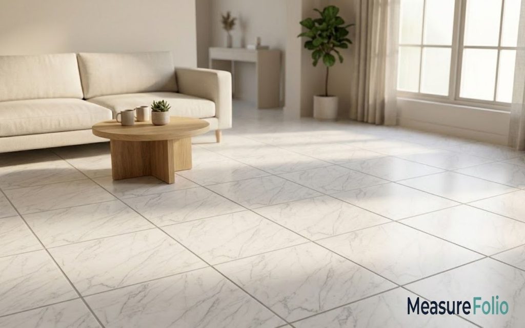 White marble tile flooring in a bright living room with a beige sofa, round wooden coffee table, and large window.