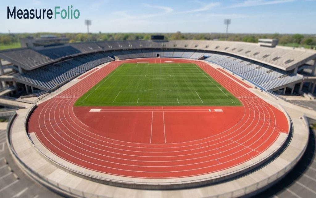 Aerial view of an empty sports stadium featuring a 500 feet red running track and a green soccer field.