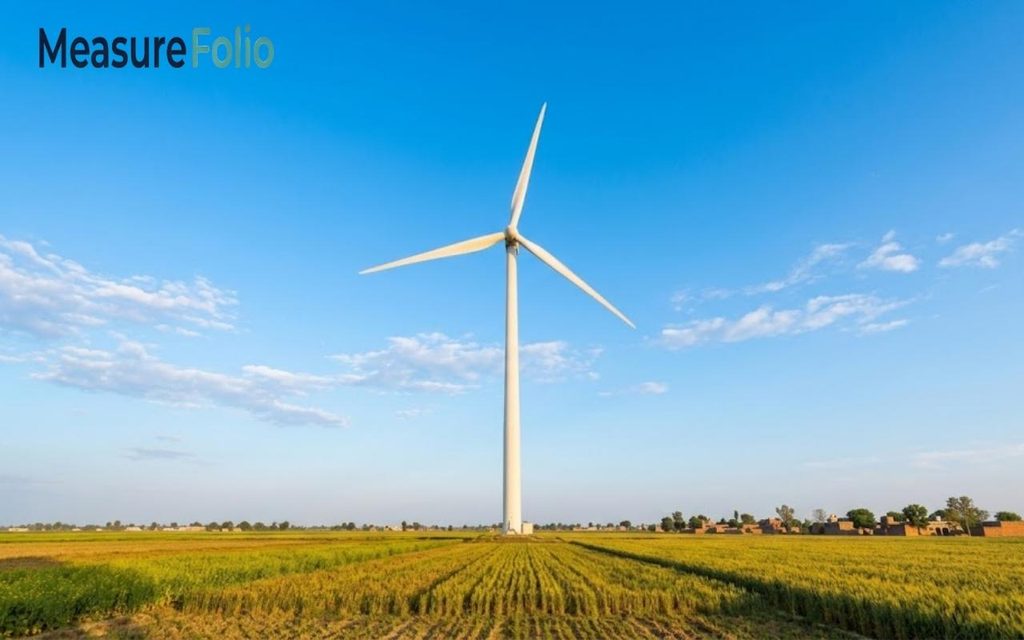 A large white wind turbine stands tall in a vibrant green agricultural field under a clear blue sky.