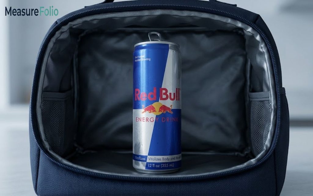 Red Bull can analysis showing an energy drink can stored inside an open insulated lunch bag.