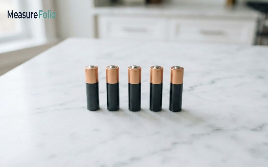 A row of five AA batteries standing upright on a white marble surface.
The background shows a softly blurred kitchen interior with natural light.