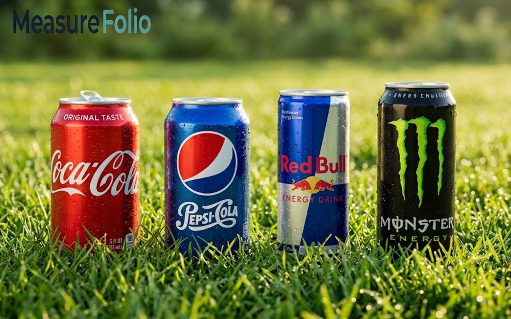 Four beverage cans—Coca-Cola, Pepsi, Red Bull, and Monster—lined up on lush green grass.