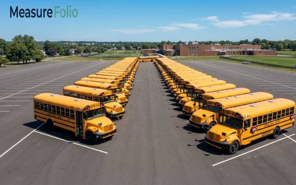 Rows of yellow school buses parked neatly in a large asphalt lot under a blue sky featuring 500 feet.