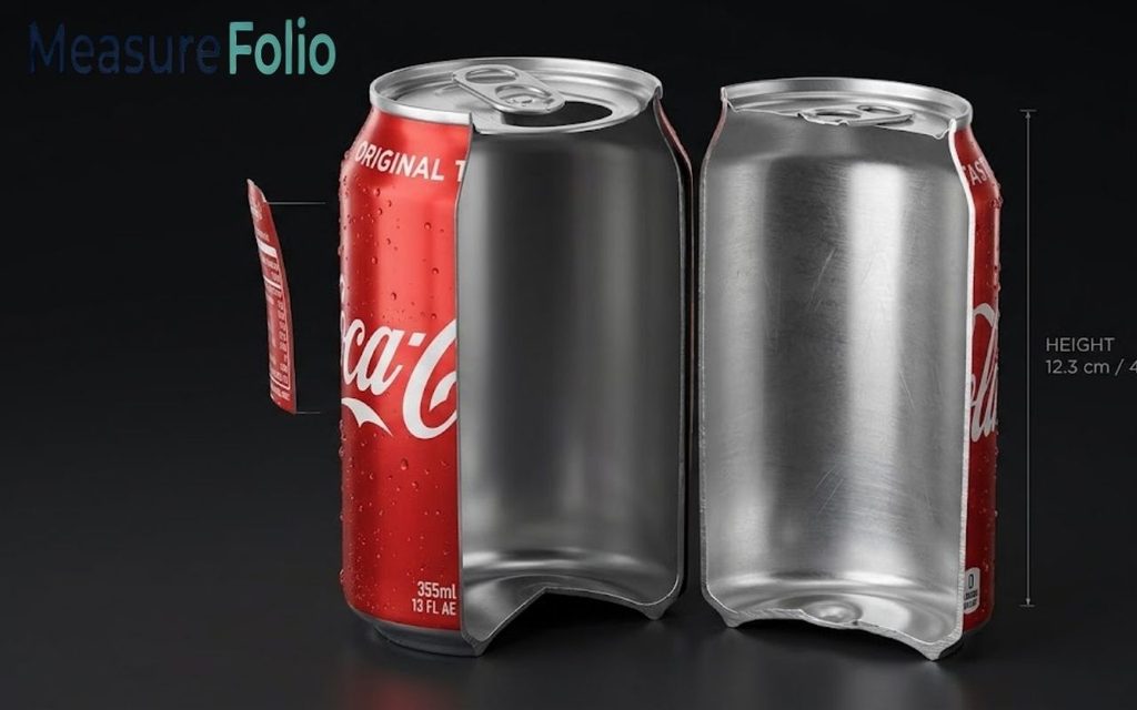 A cross-section of a Coca-Cola can showing its interior design and height dimensions.