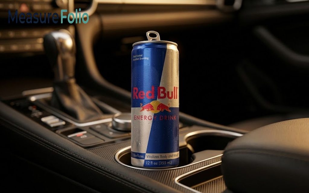 Red Bull dimension concept showcasing a standard energy drink can seated inside a car cup holder.