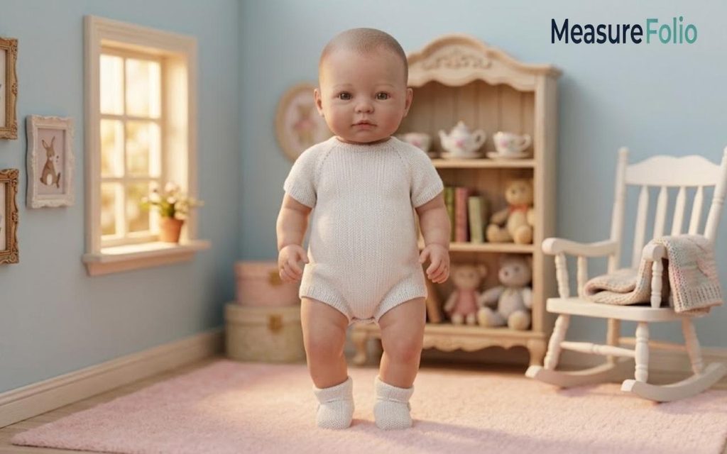 An 18 Inches baby doll in a white knit romper stands in a miniature nursery with a rocking chair and shelves.