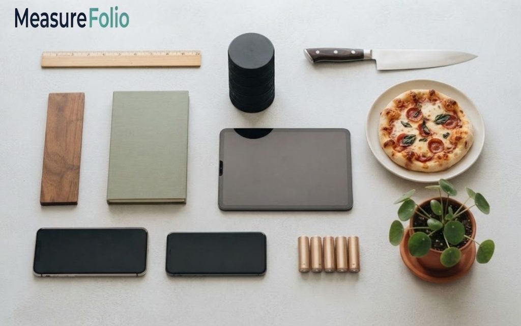 An overhead grid arrangement featuring a ruler, wooden block, green book, camera lens, tablet, smartphone, pepperoni pizza, kitchen knife, batteries, and potted plant on a light surface.