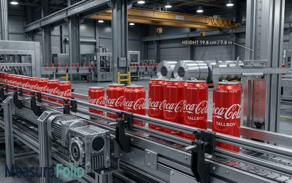 Coke cans on an industrial factory conveyor belt being measured for height.